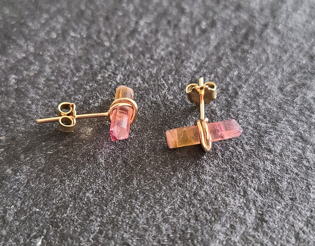 Raw Watermelon Tourmaline Crystals and 14k Gold Stud Earrings