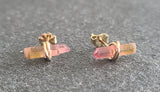 Raw Watermelon Tourmaline Crystals and 14k Gold Stud Earrings