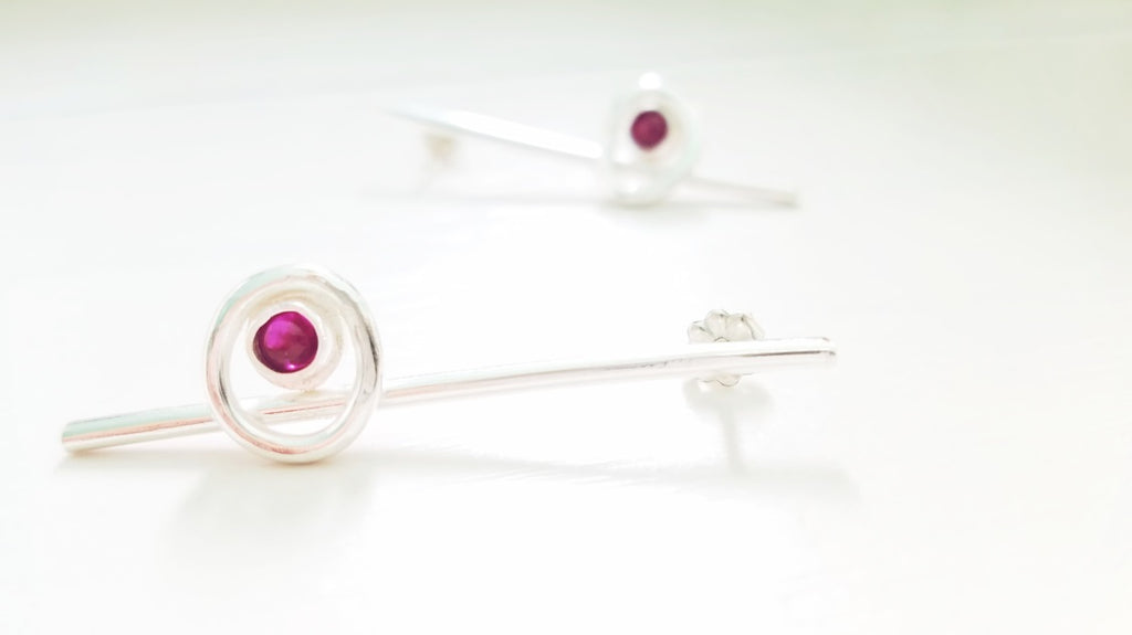 Post Earrings with Rubies, long earrings, Modern Ruby Earrings, Genuine Round Ruby Earrings, Sterling Silver Earrings with Rubies