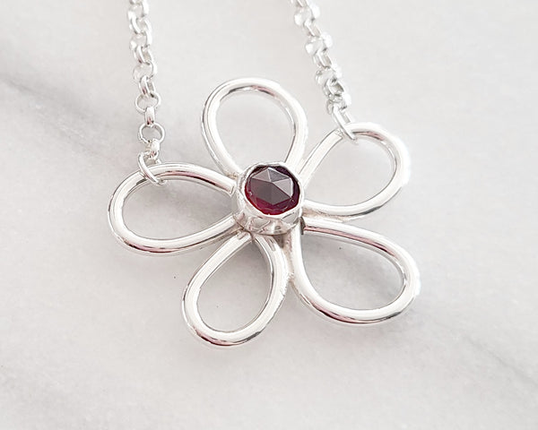 Sterling Silver Modern Flower Necklace with Garnet or a stone of your choice, Amethyst, Aquamarine, Citrine, Tourmaline